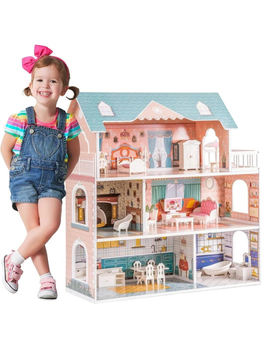 Wooden Dollhouse with Furniture – New